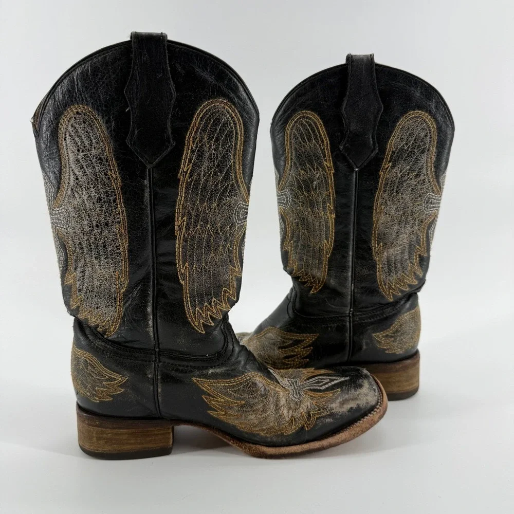 Corral Teens Girls A1032 Black Gold Winged Cross Western Boots Square Toe Size 3